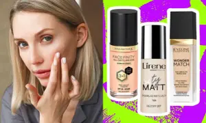 Kobieta aplikuje podkład, który nie zapycha. Obok trzy kosmetyki: Max Factor Face Finity, Lirene City Matt i Eveline Wonder Match.