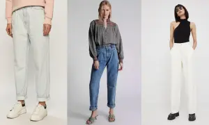Różne rodzaje spodni: jasne jeansy z podwiniętymi nogawkami, jeansy z wysokim stanem i ozdobną górą, białe eleganckie spodnie z szerokimi nogawkami.