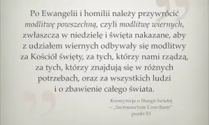 Modlitwa wiernych na ślub, cytat z "Sacrosanctum Concilium" o modlitwie za Kościół, rządzących, potrzebujących i zbawienie świata.