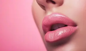 Błyszczące, różowe usta z perfekcyjnym makijażem ust na tle w kolorze pudrowego różu.