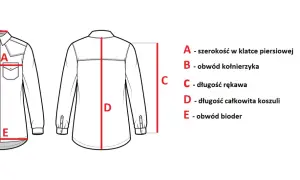Schemat pokazuje, jak zmierzyć obwód szyi (B - obwód kołnierzyka) oraz inne wymiary koszuli: A, C, D, E.