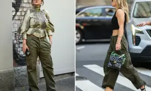 Dwie kobiety w spodniach bojówkach w kolorze khaki. Jedna w bluzce z wzorem, druga w krótkim czarnym topie.