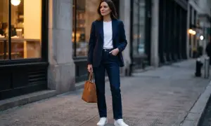 Kobieta w granatowej marynarce i jeansach, tworząca stylizację smart casual damski. W dłoni trzyma brązową torebkę.