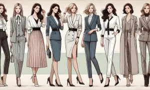 Eleganckie kobiety w garniturach i sukienkach. Jedna z nich ma na sobie czarny krawat, który dodaje jej szyku.