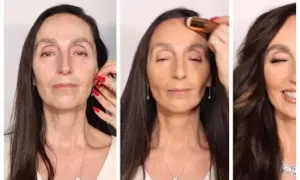Kobieta z makijażem i bez, pokazuje transformację od naturalnego wyglądu do pełnego blasku. Efekt makeup no makeup.