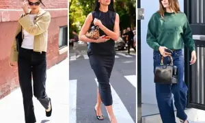 Trzy kobiety w stylizacjach casual: Kendall Jenner w beżowej kurtce i czarnych jeansach, Dua Lipa w czarnej sukience, Hailey Bieber w zielonej bluzie i szerokich jeansach.