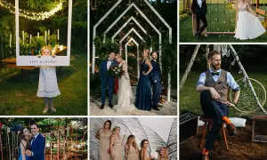 Nietypowe pomysły na wesele: urocza dziewczynka z ramką "Best Wedding", para młoda pod łukiem, goście w ogrodzie i sesja boho.