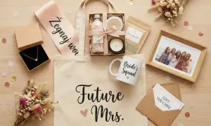 Niespodzianka od świadkowej: torba z napisem "Future Mrs.", naszyjnik, kosmetyki, świeca, ramka ze zdjęciem, bukiet i voucher.