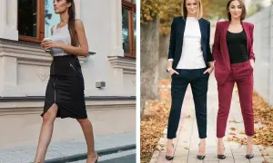 Elegancka stylizacja na imprezę firmową: czarna spódnica z zamkiem i biały top, obok dwie kobiety w garniturach – granatowym i bordowym.