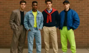 Czterech młodych mężczyzn prezentuje styl glamour moda męska: garnitur, jeans, sweter z czerwoną narzutką i bomberka z neonowymi spodniami.