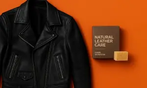 Czyszczenie kurtki skórzanej z użyciem zestawu Natural Leather Care. Czarna ramoneska obok pudełka z kosmetykami i gąbki.