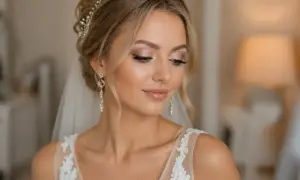 Piękna panna młoda z subtelnym makijażem ślubnym srebrnym, w welonie i z biżuterią.
