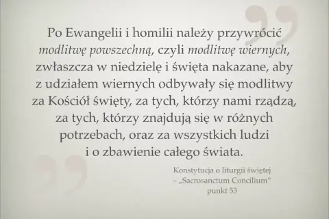 Modlitwa wiernych na ślub, cytat z "Sacrosanctum Concilium" o modlitwie za Kościół, rządzących, potrzebujących i zbawienie świata.