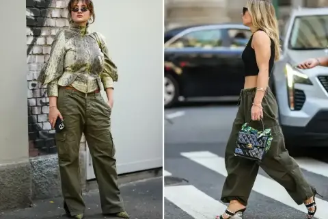 Dwie kobiety w spodniach bojówkach w kolorze khaki. Jedna w bluzce z wzorem, druga w krótkim czarnym topie.