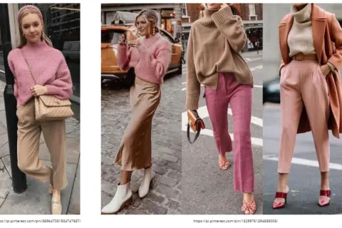 Stylizacje pokazują, jakie kolory pasują do beżu: róż, brąz i karmel. Eleganckie zestawy na co dzień.