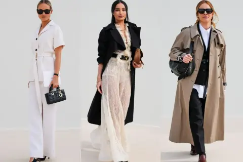 Elegancka wiosenna stylizacja: biały garnitur, koronkowa sukienka i beżowy trencz. Trzy kobiety prezentują modne outfity.