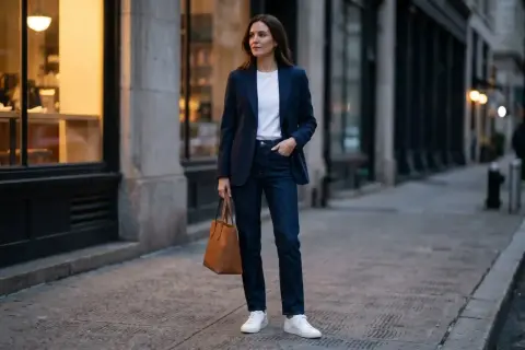 Kobieta w granatowej marynarce i jeansach, tworząca stylizację smart casual damski. W dłoni trzyma brązową torebkę.