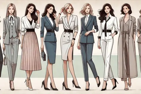 Eleganckie kobiety w garniturach i sukienkach. Jedna z nich ma na sobie czarny krawat, który dodaje jej szyku.