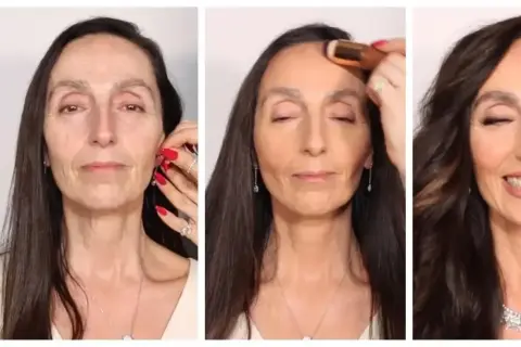 Kobieta z makijażem i bez, pokazuje transformację od naturalnego wyglądu do pełnego blasku. Efekt makeup no makeup.