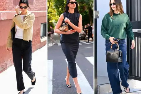 Trzy kobiety w stylizacjach casual: Kendall Jenner w beżowej kurtce i czarnych jeansach, Dua Lipa w czarnej sukience, Hailey Bieber w zielonej bluzie i szerokich jeansach.