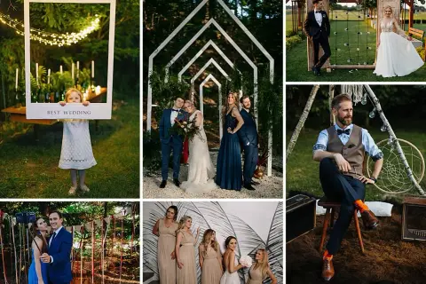 Nietypowe pomysły na wesele: urocza dziewczynka z ramką "Best Wedding", para młoda pod łukiem, goście w ogrodzie i sesja boho.