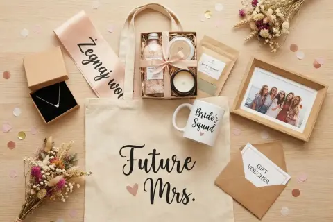 Niespodzianka od świadkowej: torba z napisem "Future Mrs.", naszyjnik, kosmetyki, świeca, ramka ze zdjęciem, bukiet i voucher.