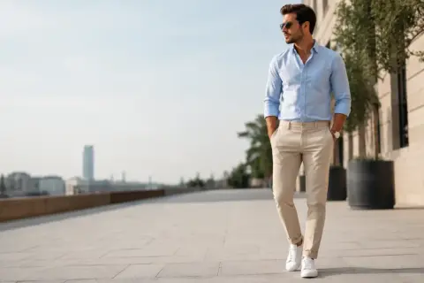 Elegancki mężczyzna w jasnych chinosach i błękitnej koszuli spaceruje po mieście. Chinosy to uniwersalne spodnie, idealne na co dzień i specjalne okazje.