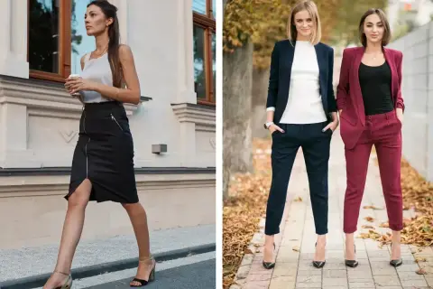 Elegancka stylizacja na imprezę firmową: czarna spódnica z zamkiem i biały top, obok dwie kobiety w garniturach – granatowym i bordowym.