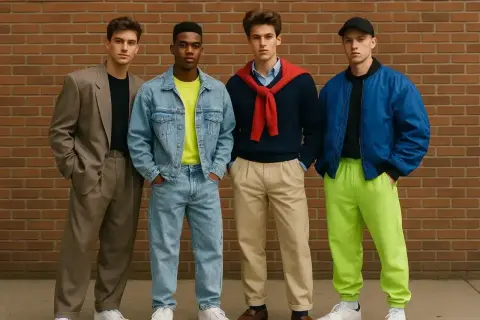 Czterech młodych mężczyzn prezentuje styl glamour moda męska: garnitur, jeans, sweter z czerwoną narzutką i bomberka z neonowymi spodniami.