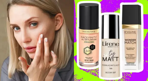 Kobieta aplikuje podkład, który nie zapycha. Obok trzy kosmetyki: Max Factor Face Finity, Lirene City Matt i Eveline Wonder Match.