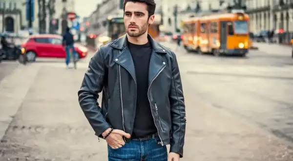 Młody mężczyzna w skórzanej kurtce i jeansach, stylizacja nawiązująca do moda męska lata 90. na tle miejskiej ulicy.