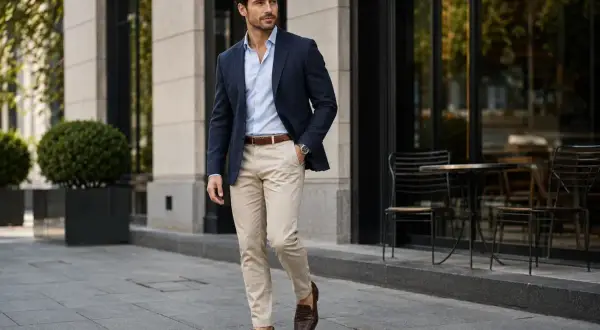 Mężczyzna w granatowej marynarce, błękitnej koszuli i beżowych spodniach prezentuje luźny elegancki styl męski, spacerując po miejskim chodniku.