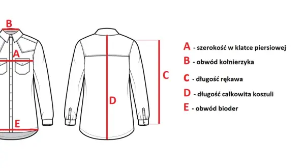Schemat pokazuje, jak zmierzyć obwód szyi (B - obwód kołnierzyka) oraz inne wymiary koszuli: A, C, D, E.