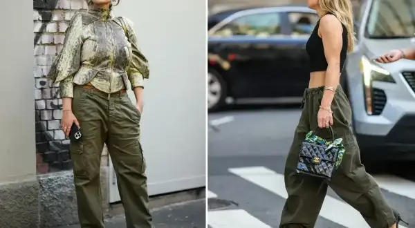 Dwie kobiety w spodniach bojówkach w kolorze khaki. Jedna w bluzce z wzorem, druga w krótkim czarnym topie.