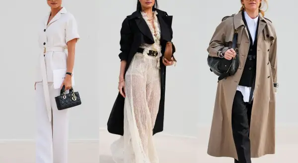 Elegancka wiosenna stylizacja: biały garnitur, koronkowa sukienka i beżowy trencz. Trzy kobiety prezentują modne outfity.