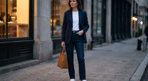 Kobieta w granatowej marynarce i jeansach, tworząca stylizację smart casual damski. W dłoni trzyma brązową torebkę.