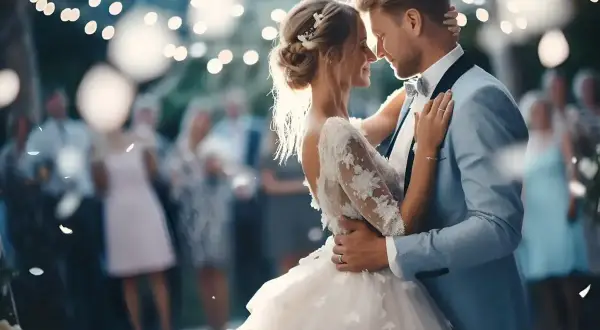 Para młoda tańczy przy blasku świateł, a w tle słychać piosenki na wesele.