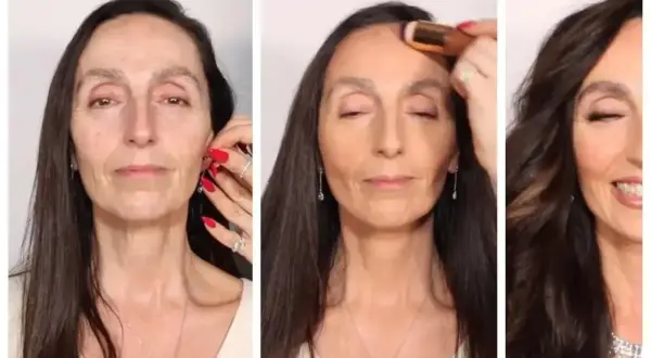 Kobieta z makijażem i bez, pokazuje transformację od naturalnego wyglądu do pełnego blasku. Efekt makeup no makeup.