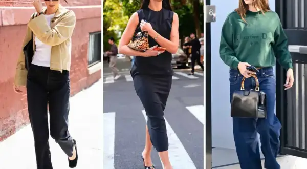 Trzy kobiety w stylizacjach casual: Kendall Jenner w beżowej kurtce i czarnych jeansach, Dua Lipa w czarnej sukience, Hailey Bieber w zielonej bluzie i szerokich jeansach.