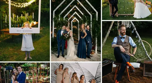 Nietypowe pomysły na wesele: urocza dziewczynka z ramką "Best Wedding", para młoda pod łukiem, goście w ogrodzie i sesja boho.