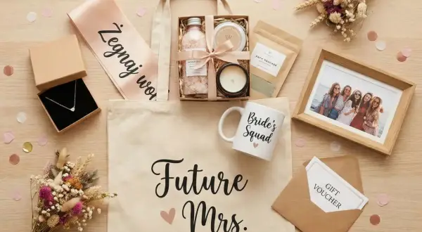 Niespodzianka od świadkowej: torba z napisem "Future Mrs.", naszyjnik, kosmetyki, świeca, ramka ze zdjęciem, bukiet i voucher.