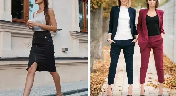 Elegancka stylizacja na imprezę firmową: czarna spódnica z zamkiem i biały top, obok dwie kobiety w garniturach – granatowym i bordowym.