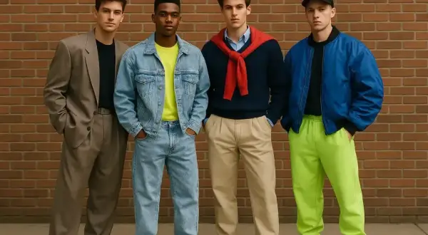 Czterech młodych mężczyzn prezentuje styl glamour moda męska: garnitur, jeans, sweter z czerwoną narzutką i bomberka z neonowymi spodniami.
