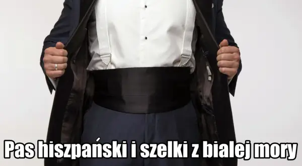 Elegancki mężczyzna w czarnym smokingu, białej koszuli i szelkach. Na brzuchu widoczny czarny pas do smokingu.
