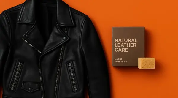 Czyszczenie kurtki skórzanej z użyciem zestawu Natural Leather Care. Czarna ramoneska obok pudełka z kosmetykami i gąbki.