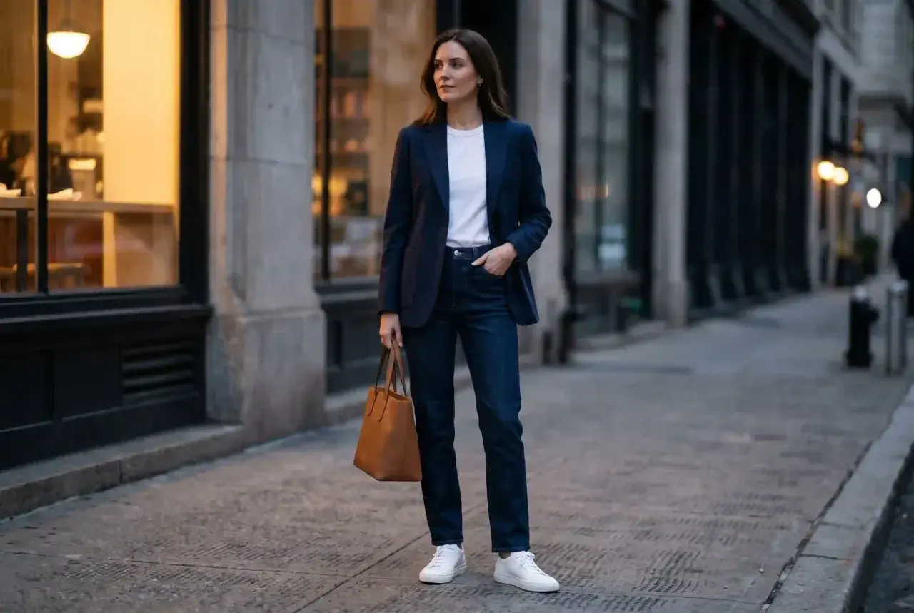 Kobieta w granatowej marynarce i jeansach, tworząca stylizację smart casual damski. W dłoni trzyma brązową torebkę.