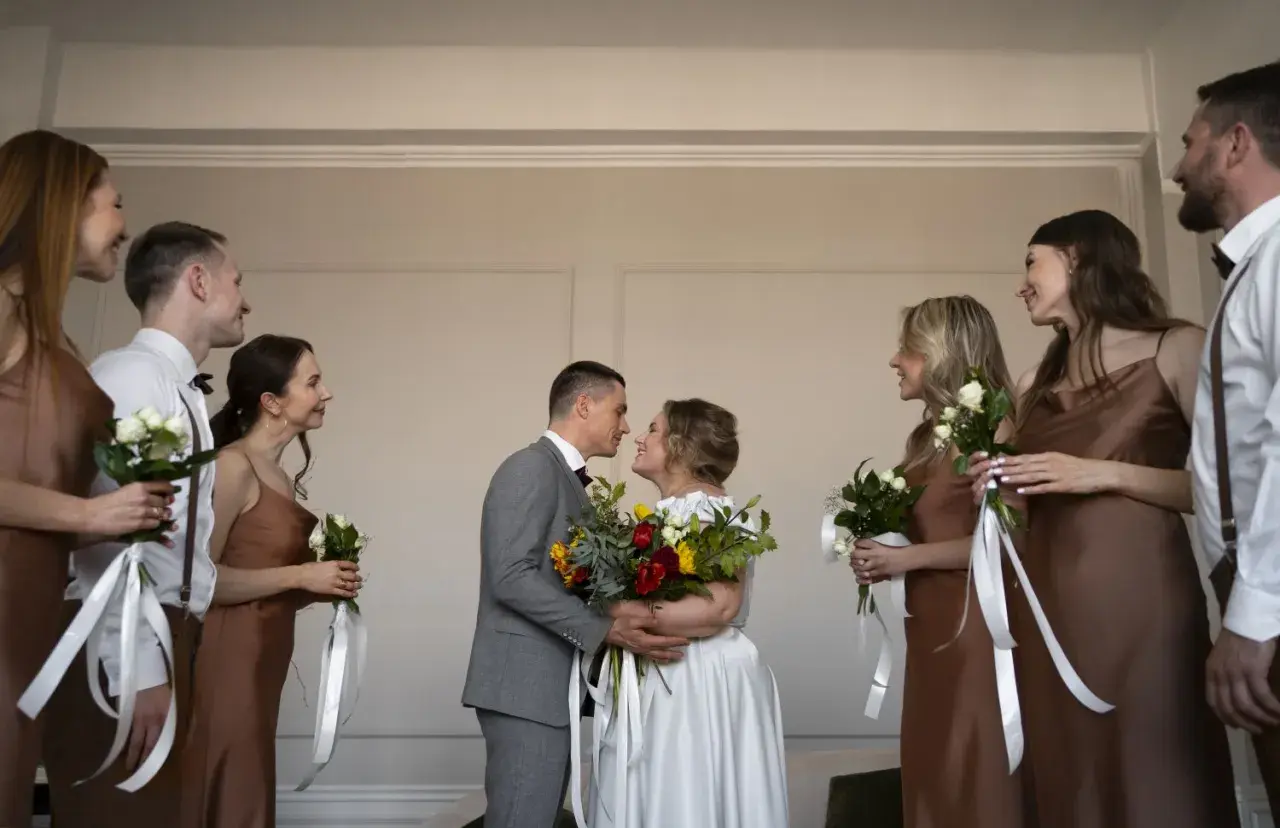 Para młoda w dniu ślubu w piątek, otoczona druhnami i świadkami.