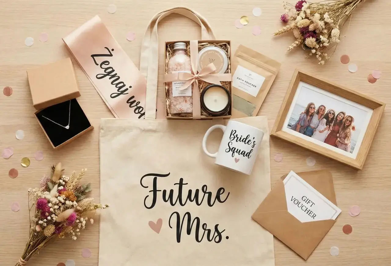 Niespodzianka od świadkowej: torba z napisem "Future Mrs.", naszyjnik, kosmetyki, świeca, ramka ze zdjęciem, bukiet i voucher.