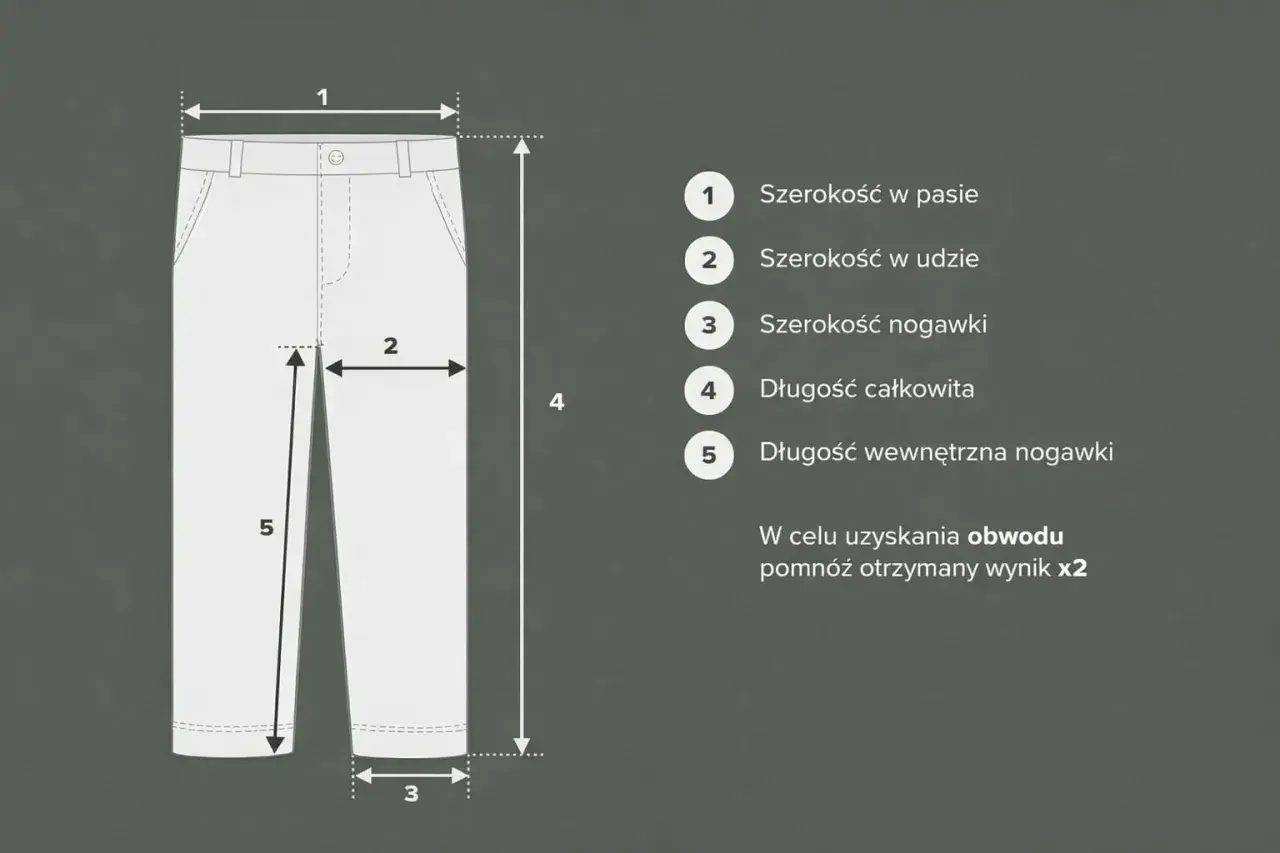 Schemat spodni z wymiarami: szerokość w pasie (1), w udzie (2), szerokość nogawki (3), długość całkowita (4) i długość wewnętrzna nogawki (5).