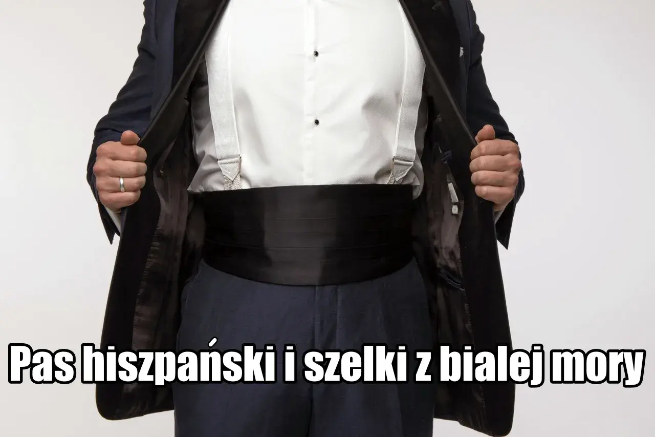 Elegancki mężczyzna w czarnym smokingu, białej koszuli i szelkach. Na brzuchu widoczny czarny pas do smokingu.